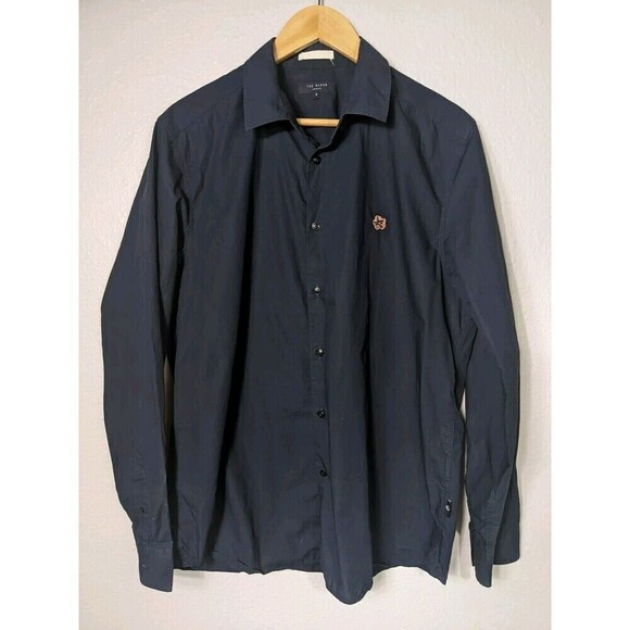 Ted Baker London Men Navy Blue Button Down Dress Shirt Sz 5 XL Magnolia Logo N15 - Picture 2 of 10